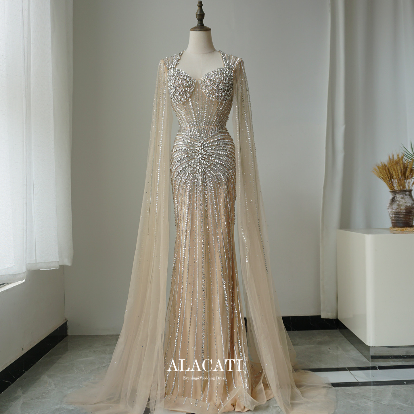 Alacati 外贸手工绣珠水袖高端鱼尾晚礼服高腰显瘦年会晚宴演出口