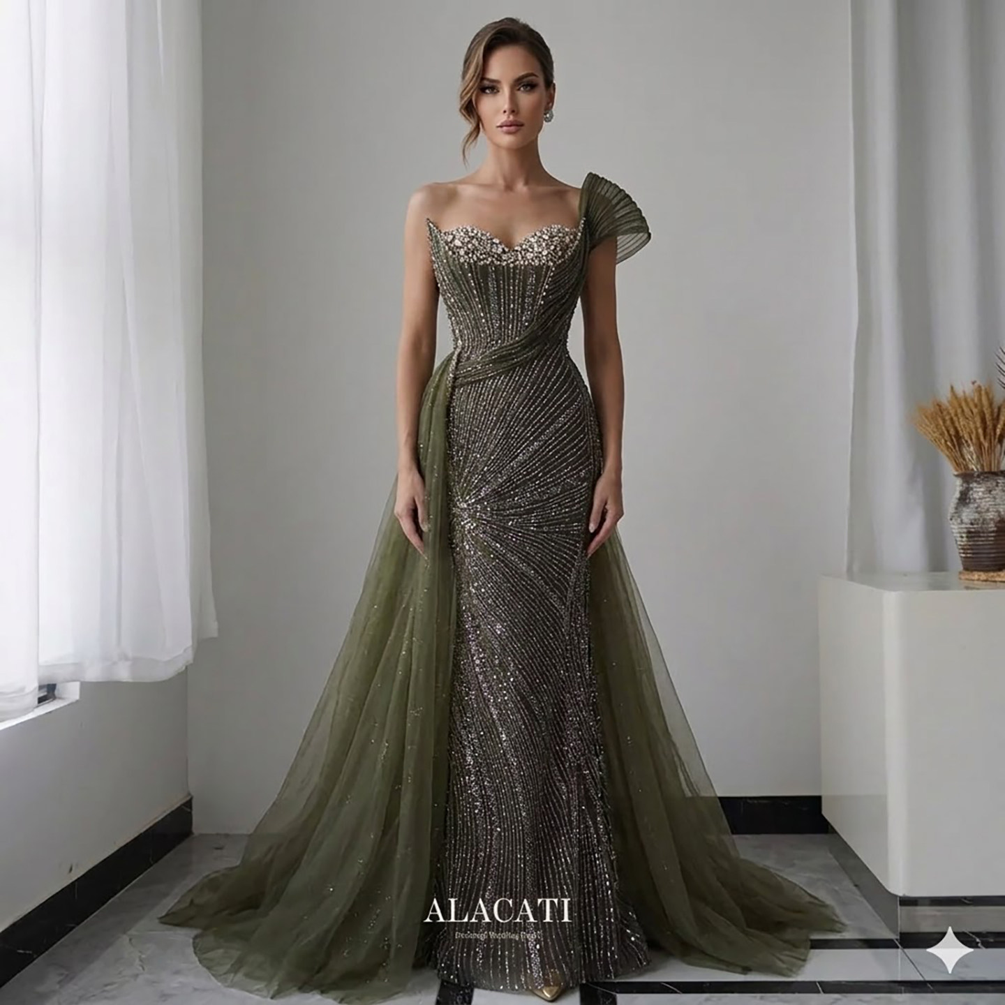 Alacati 高端奢华重工时尚单肩高腰显瘦鱼尾晚礼服名媛晚宴年会新