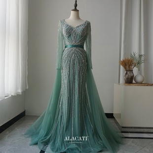 外贸高端重工高腰显瘦长袖 V领鱼尾拖尾晚礼服女名媛晚宴两穿出口