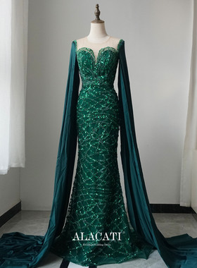 外贸高端奢华重工绿色高腰显瘦鱼尾晚礼服女年会名媛晚宴出口迪拜