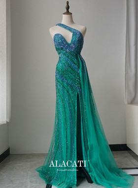 新款高端奢华重工单肩绿色高腰显瘦鱼尾晚礼服晚宴年会演出口外贸