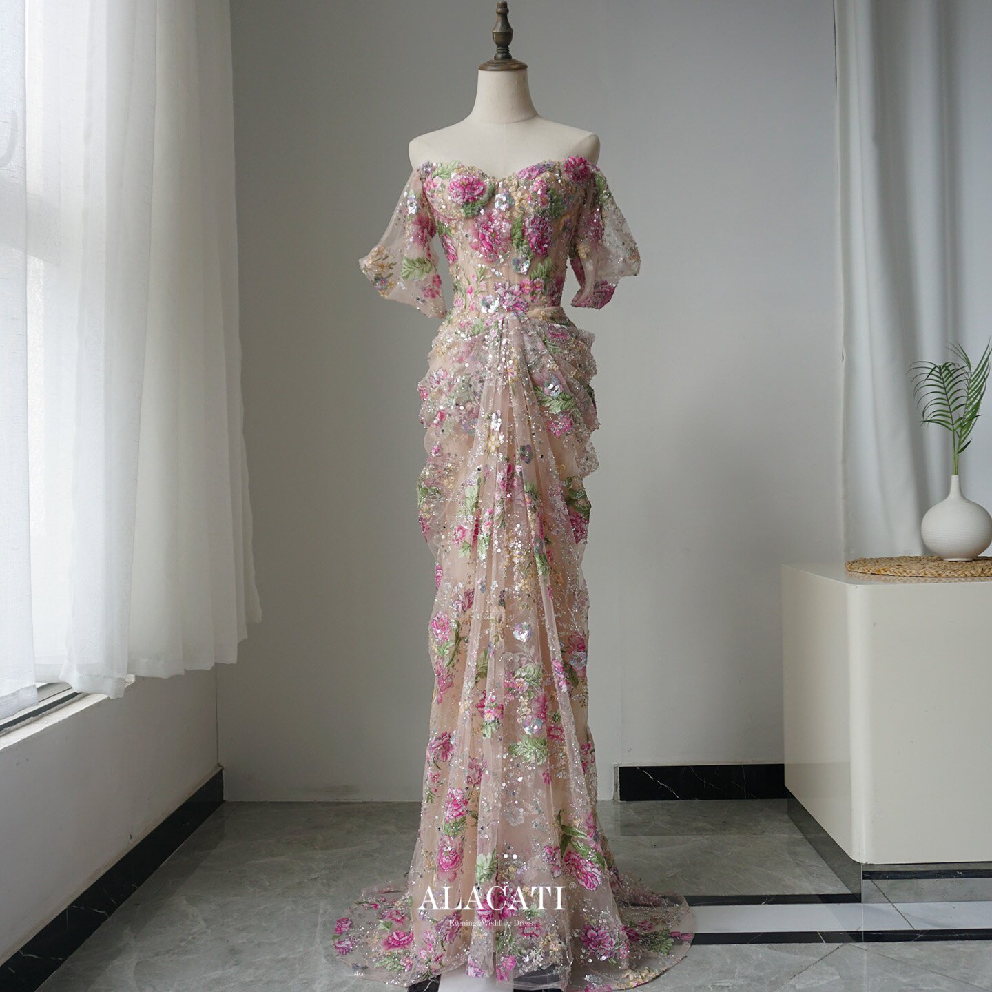 Alacati 高端奢华重工花朵性感一字肩鱼尾晚礼服晚宴多穿出口外贸