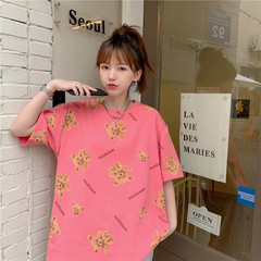 Real video bear print letters short sleeve T-shirt fashion brand retro relaxed T-shirt