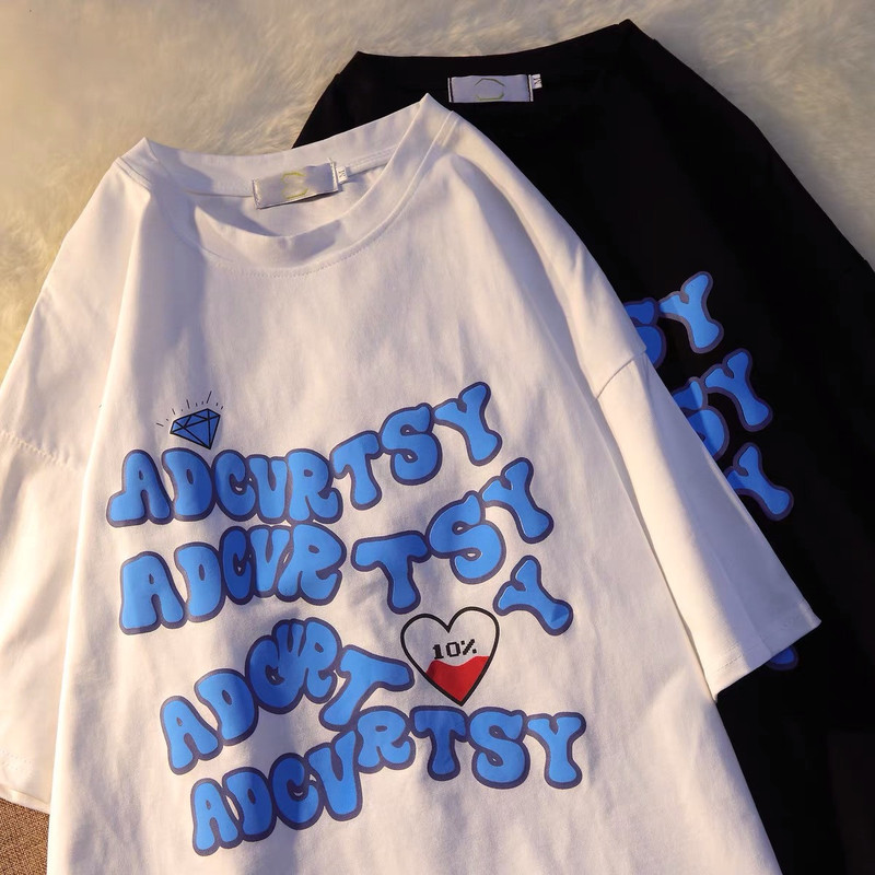 Cotton short sleeve T-shirt women's trendy letter printed round neck versatile top