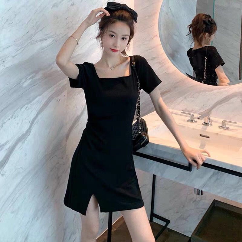 Solid square collar dress women's summer new waist close slim split short sleeve T-shirt skirt short skirt