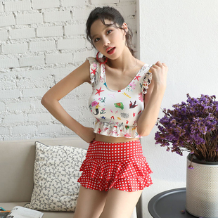 泳衣女分體三件套鋼托小胸聚攏甜美荷葉邊少女小清新溫泉泳裝 新款