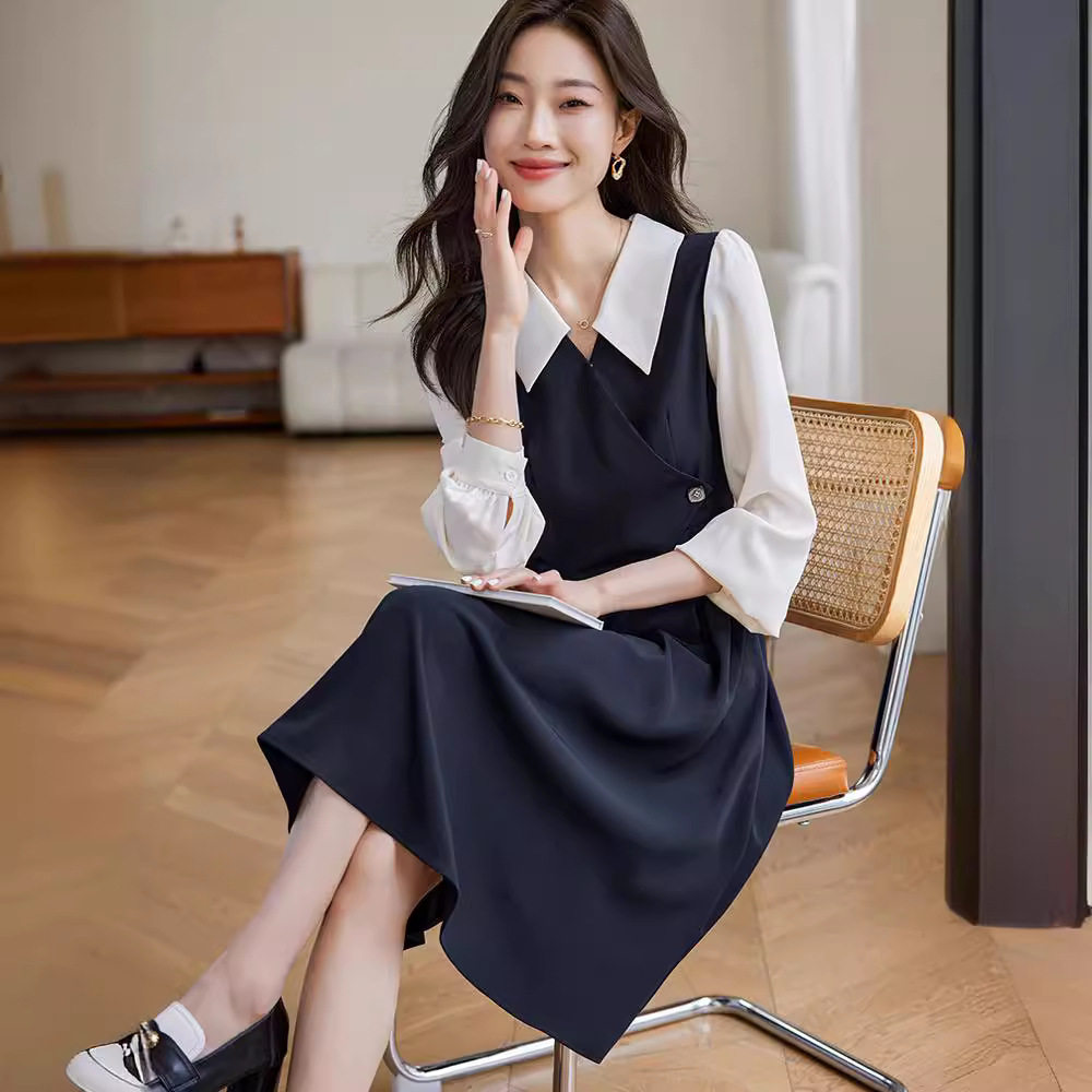 假两件拼接连衣裙女2024秋季款气质优雅撞色长袖衬衫裙子设计感