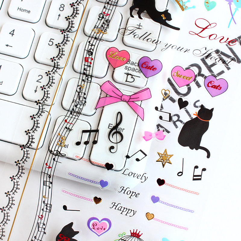 可爱猫咪爱心音符贴纸 五线谱琴键粘贴画 diy装饰贴创意手账素材