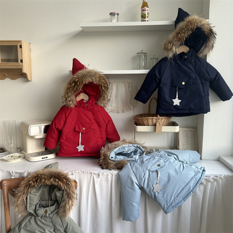 冬季新品韩国童装韩版大毛领可爱魔法尖尖帽羽绒服宝宝冬外套冬装