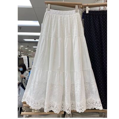 刺绣钩花蕾丝棉质白色半身裙女春夏新款高腰显瘦拼接蛋糕中长裙子