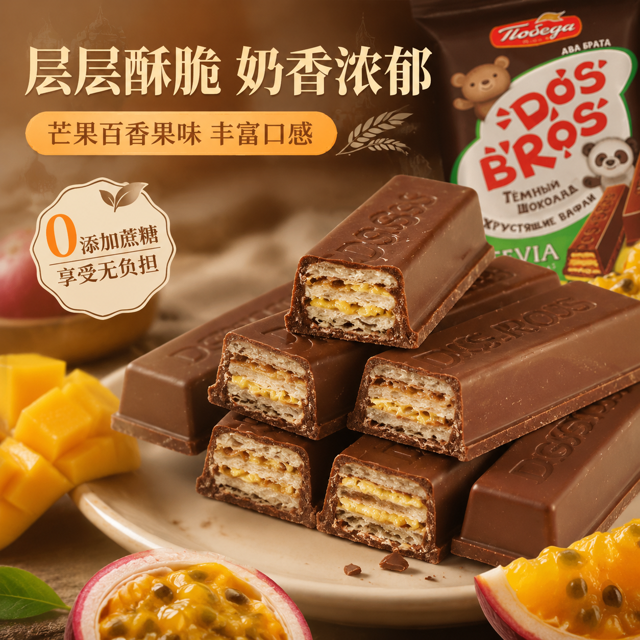 俄罗斯原装进口威化饼干纯可可脂巧克力未加蔗糖涂层夹心休闲零食