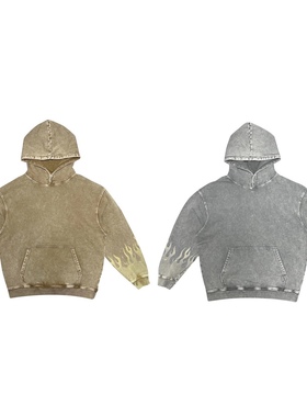 C7扎染火焰帽衫水洗做旧落肩按扣连帽卫衣vintage非fogessentials