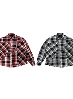 C7解构拼接格纹翻领衬衫纯棉法兰绒宽松廓形落肩Clean Fit vibe