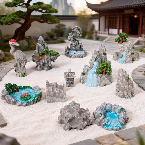 微景观仿真中式假山瀑布池塘亭子