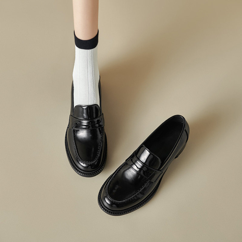 ins店主力荐！巨好穿~真皮圆头一脚蹬乐福鞋女中跟通勤小皮鞋粗跟,女鞋,乐福鞋（豆豆鞋）,淘宝优惠券,粉丝福利购,淘宝优惠卷