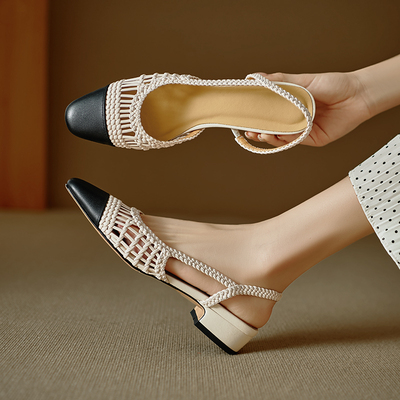 ins夏日力荐！巨好穿~方头编织凉鞋包头鞋女中跟镂空拼色单鞋休闲