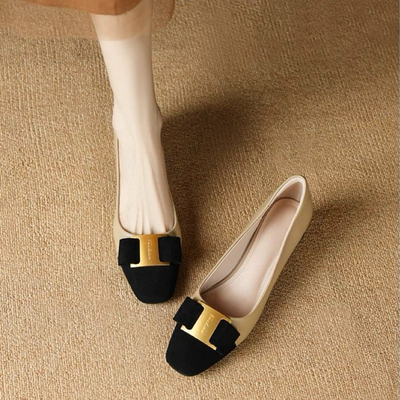 ins巨软巨好穿！羊皮版~真皮复古方头单鞋女中跟拼色浅口粗跟女鞋