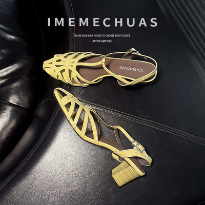 IMEME高定羊皮罗马凉鞋夏天款复古镂空磨砂牛筋平底防滑高跟女鞋