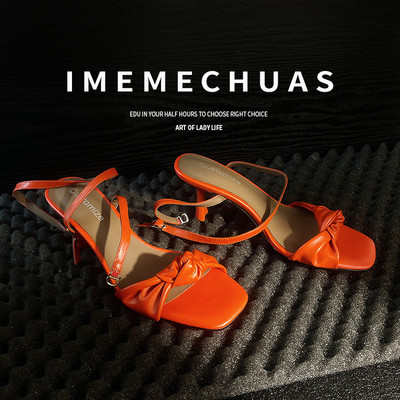 IMEME方头露趾一字带凉鞋女鞋极简风通勤细跟高跟鞋时尚高贵典雅
