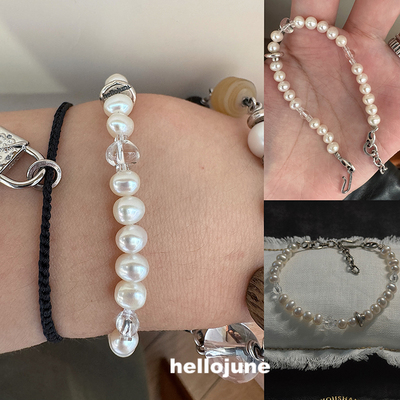 hellojune 原创 S925银天然淡水珍珠手工做旧复古银珍珠手链手串