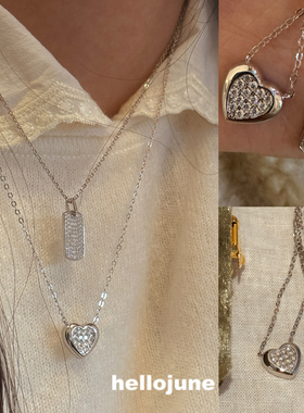 hellojune 通体925银 莫桑钻满钻无事牌项链 实心爱心满钻项链