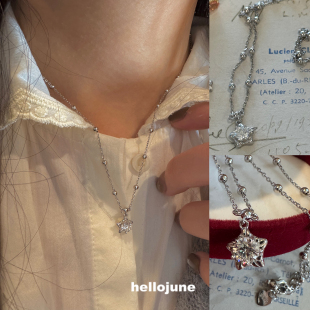 螺纹星星项链 莫桑钻 精致五角星圆珠链毛衣链 925银 hellojune