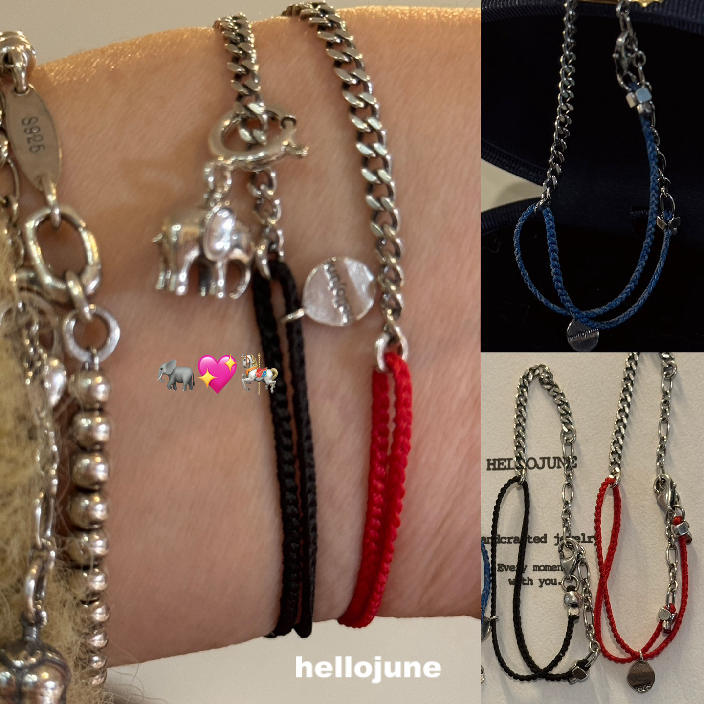 hellojune 手工制作编织新年小红绳 拼接银链可调节黑色红色手绳