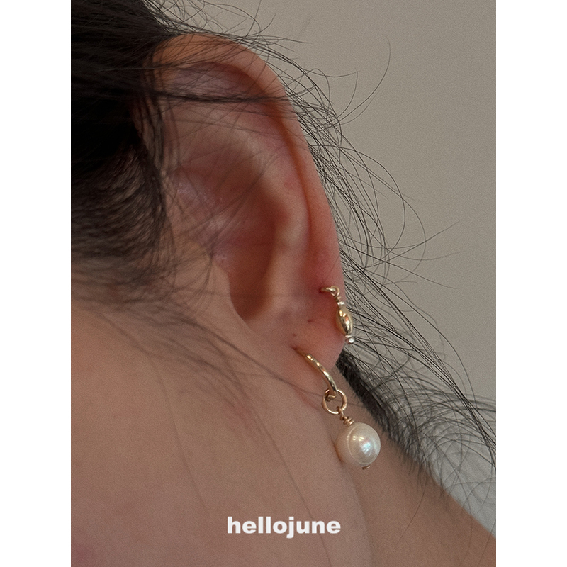 hellojune 天然淡水螺纹珍珠吊坠 金色珍珠耳环