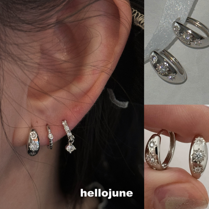 hellojune s925通体925银 mini芒星锆石闪耀日常弧度宽面圆形耳环