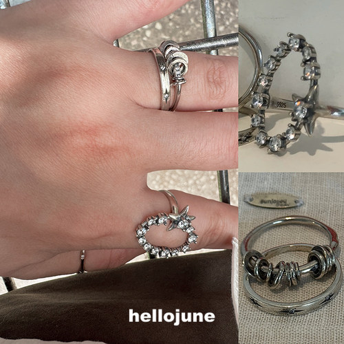 hellojune 通体925银 手工做旧银戒指 多层圆环星光戒