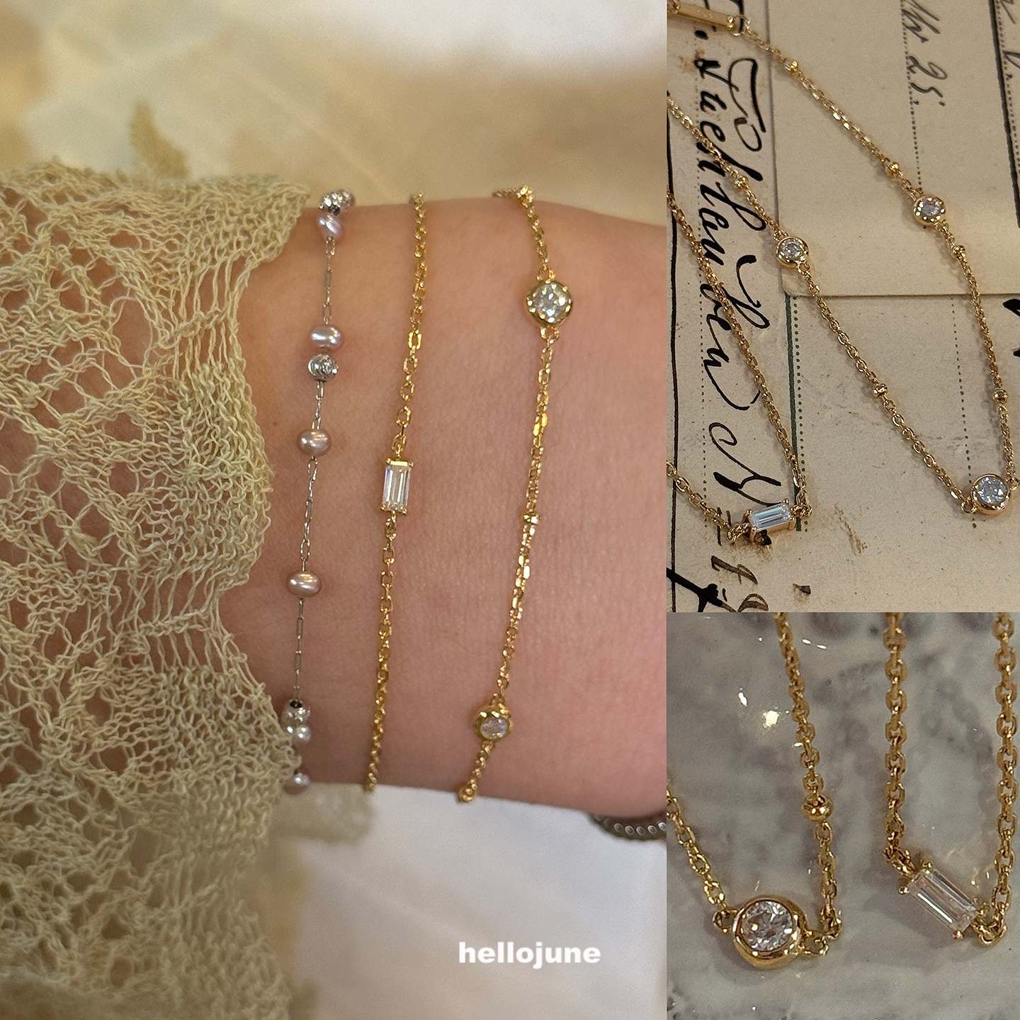 hellojune 925银镀金 莫桑钻金色细手链
