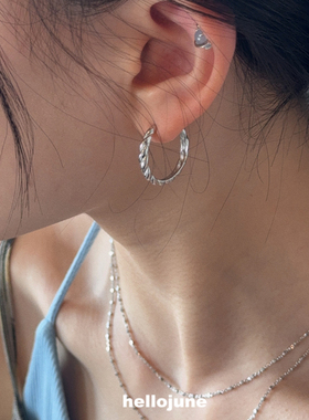 hellojune S925银多尺寸法式螺纹不规则流线通勤时髦hoop耳环耳圈