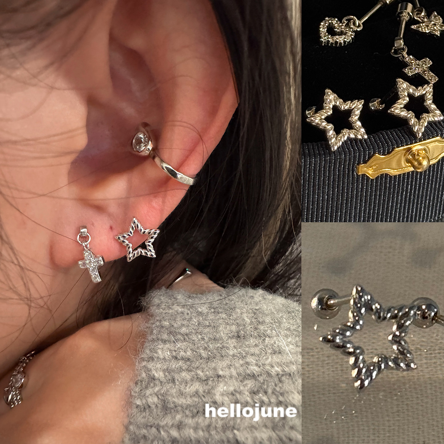 hellojune 通体925银 镂空螺纹星星耳钉,饰品/流行首饰/时尚饰品新,银饰耳饰,淘宝优惠券,粉丝福利购,淘宝优惠卷