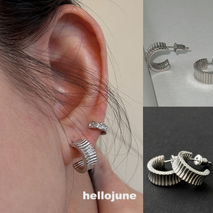 hellojune 褶皱条纹C圈耳环 通体925银