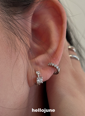 hellojune s925通体925银 5A锆石大小层次双钻耳圈搭配双耳洞排钻