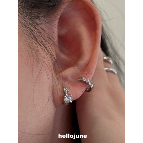 hellojune s925通体925银 大小层次双钻耳圈搭配双耳洞排钻