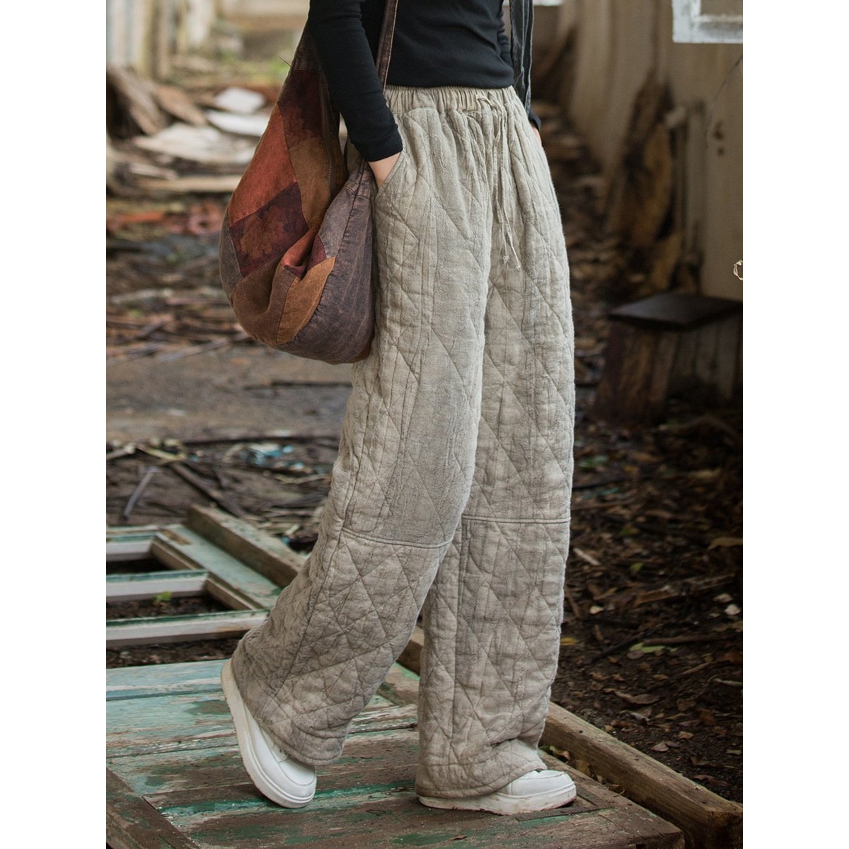 日韩25冬季女装新款苎麻扎染夹棉绗缝裤子松紧腰文艺加厚保暖女式