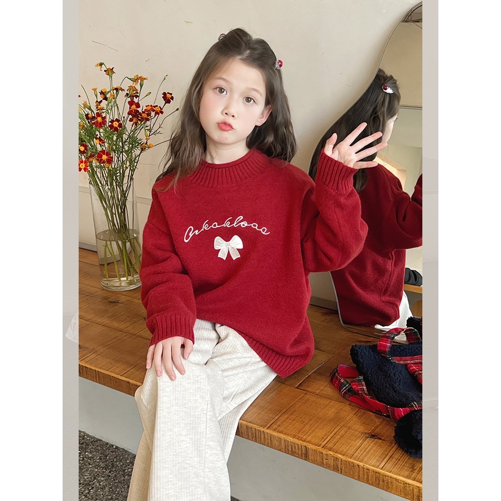 日韩加厚大童装新年红针织衫女童洋气毛衣儿童宽松上衣2025冬装新
