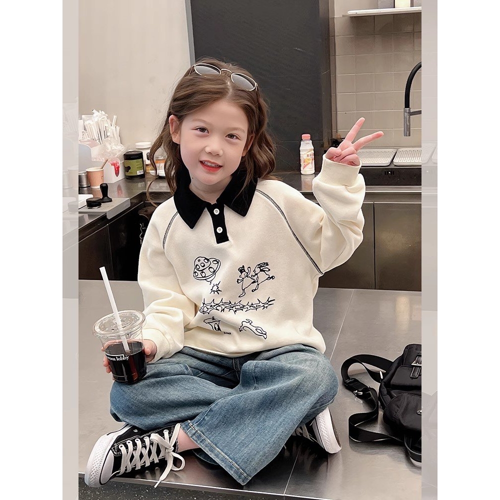日韩女童翻领卫衣儿童洋气长袖白t恤中大童装polo领上衣2025春装