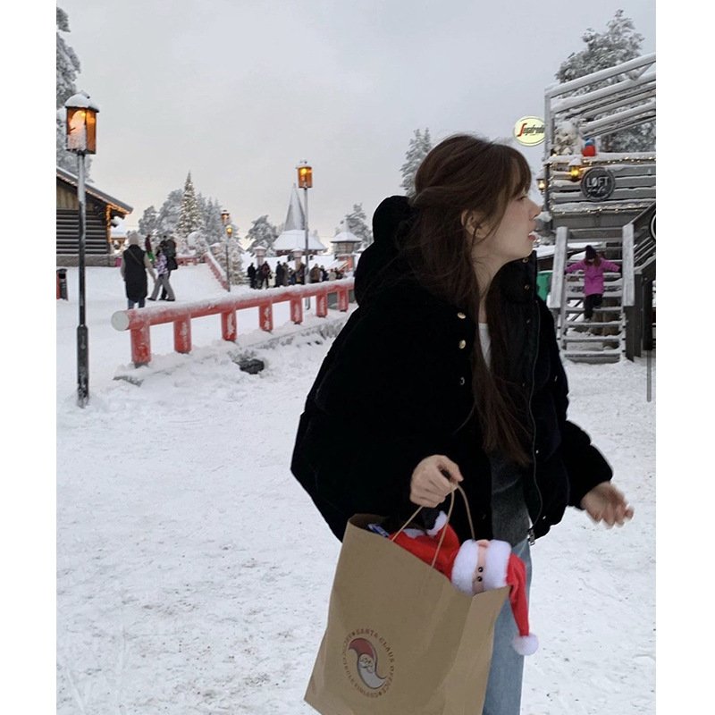 日韩Y标~ 韩国the bar*nnet 复古丝绒连帽白鹅绒短款羽绒服面包服