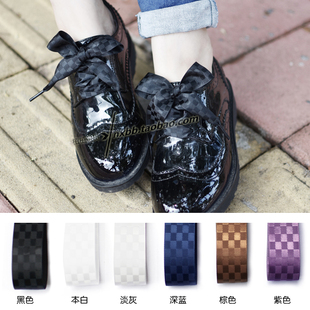 2.6CM宽大蝴蝶结黑白灰紫蓝棕色格子绸缎扁宽皮鞋白鞋鞋带可订长