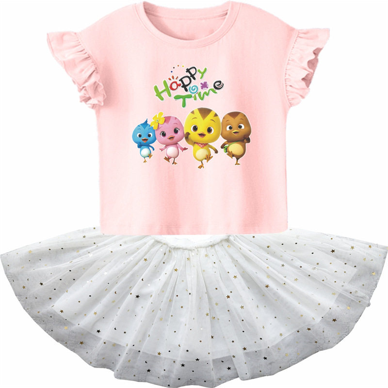 夏季萌鸡小队童装儿童3-8岁衣服女孩童棉短袖T恤网纱短裙两件套装