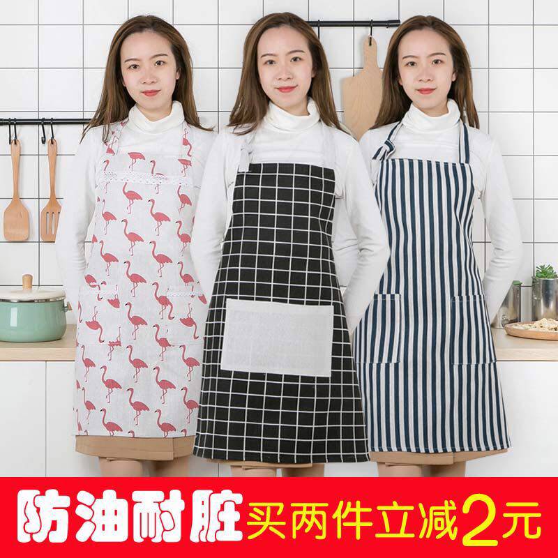 棉麻围裙包邮厨房韩版时尚防水卡通工作服长袖防油做饭成人罩衣女