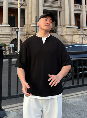 FFMR美式重磅300gV领假两件T恤男2025夏季宽松大码短袖半袖上衣男