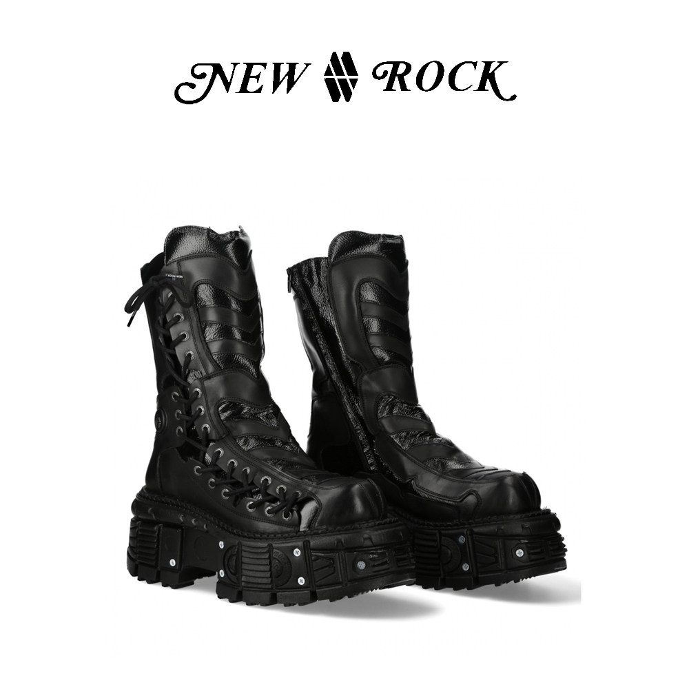 NewRock秋冬新款暗黑机能朋克原宿绑带金属哥特高跟厚底中筒靴女