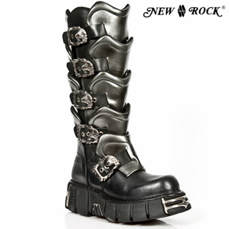 NEWROCK手工真皮定制金属朋克摇滚男女机车骑行黑色高筒厚底战靴