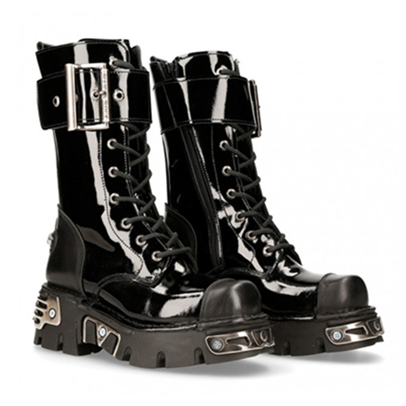 西班牙定制NewRock金属朋克工装黑色厚底男女机车真皮中筒马丁靴