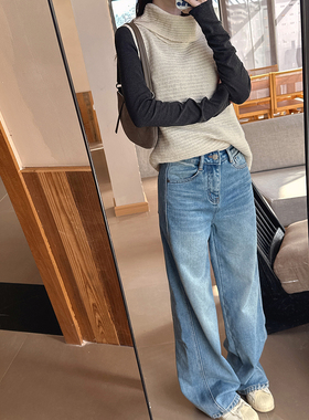 CHIA冬抓绒保暖高腰设计解构款侧身巨显瘦颜色巨美的洗水色直筒裤