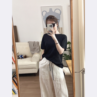 CHIA夏季垂感清爽莫代尔和纸纱宽松款显瘦可斜肩大版针织t