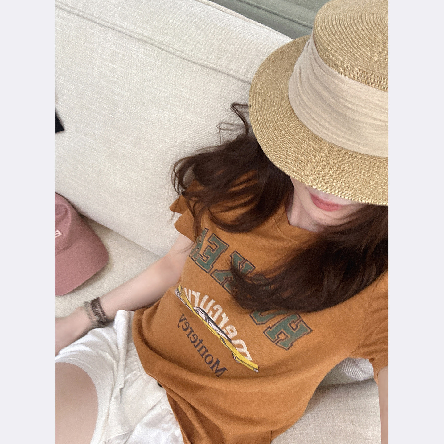 CHIA酷夏也清爽莱赛尔亚麻桑蚕丝透气麻感棉定染巨好看橘黄正肩t